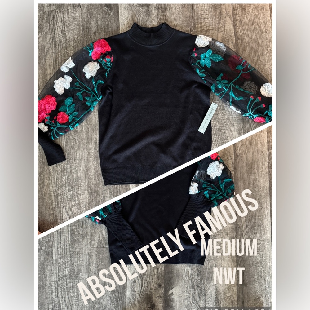 Absolutely Famous Black Top with Teal and Red Embroidery Medium
